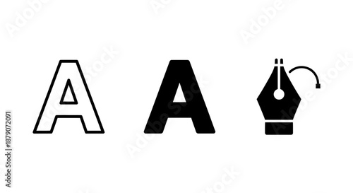 A stylized illustration of the letter A in two different fonts and a fountain pen nib on a white background