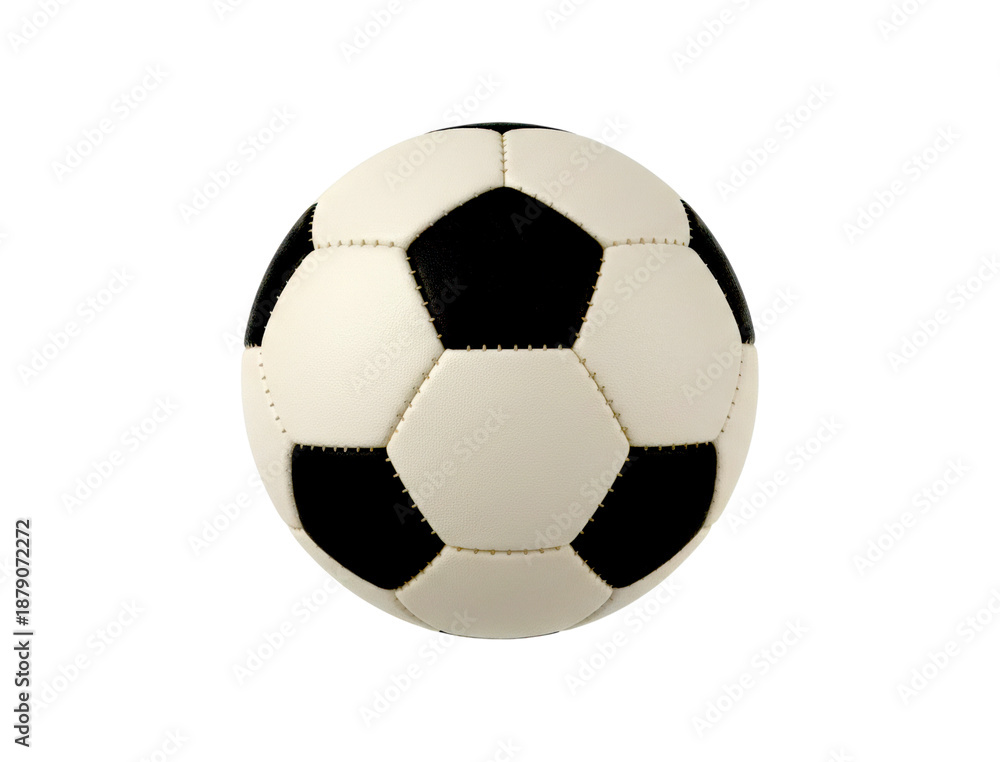 Fototapeta premium Classic black and white soccer ball featuring a traditional pentagon and hexagon panel design with visible leather texture and detailed stitching under even studio lighting