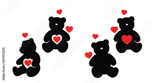 A group of black teddy bears with red hearts on a white background, symbolizing love and affection.
