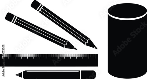 A set of black and white illustration of school supplies including pencils, a ruler, and a pencil case.