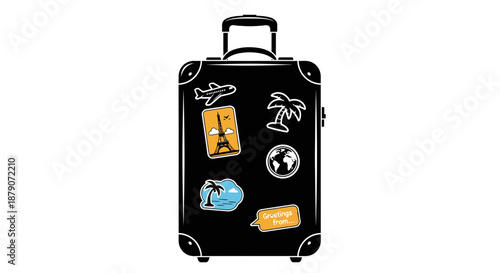 A black suitcase with travel stickers on it, symbolizing adventure and exploration.