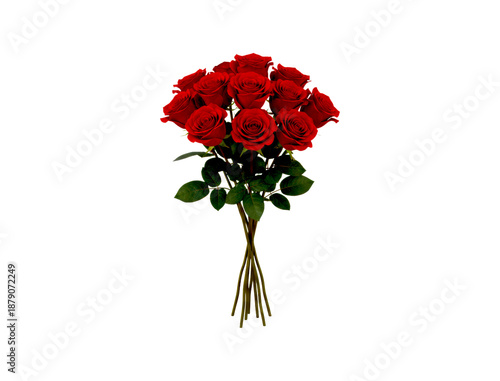 Beautiful bouquet of one dozen red roses with green leaves and long stems presented as a classic romantic gift for a special occasion or holiday celebration