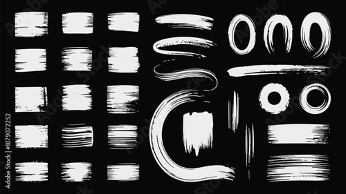 White Grunge Brush Strokes Set with Circles and Rectangles, Blank Distressed Shapes for Banners, Insignias and Logos, Vector Collection of Gritty Icons, Labels and Badges on Dark Background