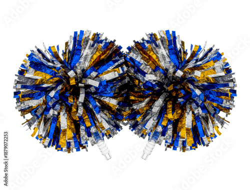 Two colorful blue, gold, and silver pom-poms with shiny metallic foil streamers are arranged symmetrically, representing team spirit for a sporting event or competition