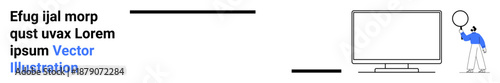 Individual with magnifying glass examining large monitor. Ideal for research, analytics, accuracy, data review, attention to detail, investigation, simple landing page