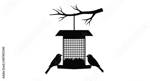 A black silhouette of a bird feeder with two birds perched on it, hanging from a bare tree branch against a white background.