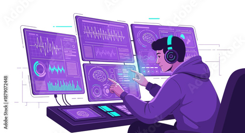Futuristic neuroscientist analyzing brainwaves and neural data on holographic displays in lab