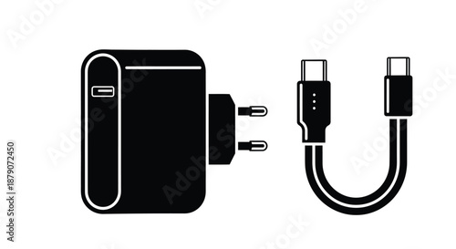 A black and white illustration of a USB charger and cable on a plain background