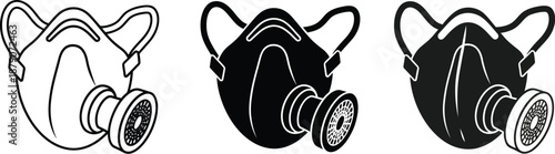 A set of three black and white gas masks on a plain background