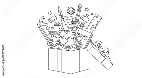 A creative illustration of a gift box overflowing with educational supplies and symbols for learning and growth.