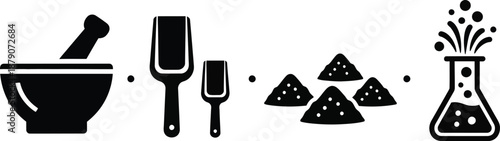 A black and white illustration of cooking and chemistry elements