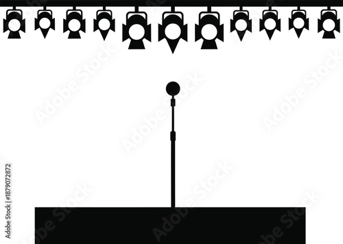 A simple black silhouette of a microphone on a stand under a row of stage lights