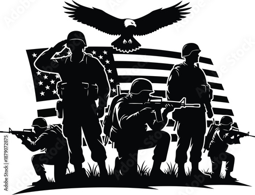 A group of soldiers in combat gear saluting and holding guns in front of an American flag and an eagle