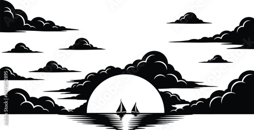 A serene black and white illustration of sailboats on the water at sunset