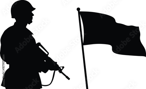 A soldier stands proudly with a gun and a flag in a symbolic gesture of patriotism and courage.