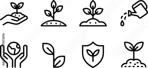 Plant growth and eco gardening line icon set showing seedling care, watering, soil planting, leaf development, and environmental protection symbols for sustainability design