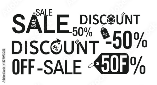 A collection of black and white sale discount tags and words on a white background