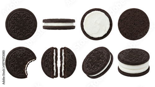 Chocolate sandwich cookie set including whole, side view, opened with cream, bitten, and double stuffed variants isolated. Sweet snack and biscuit collection.
