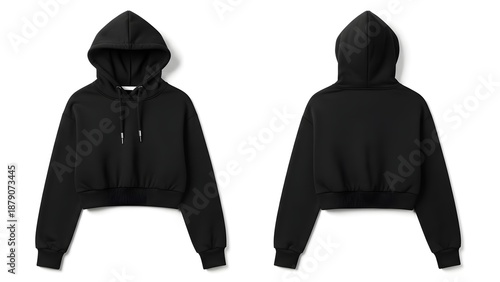 Versatile black cropped hooded sweatshirt for women, front and back studio views, comfortable casual apparel