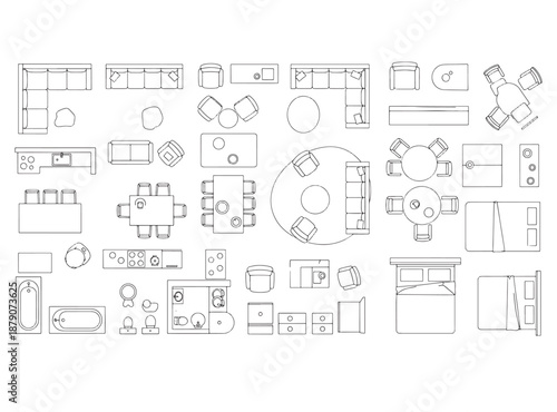 Furniture Outline Top View Icons – Thin Line Floor Plan Symbols for Interior & Architecture
