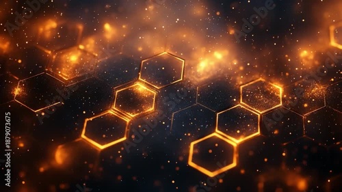Network of Glowing Hexagons: A captivating abstract composition showcasing an intricate network of glowing hexagons, seamlessly interwoven with shimmering particles, set against a dark.