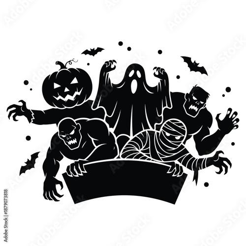 Halloween monsters and pumpkin in black silhouette