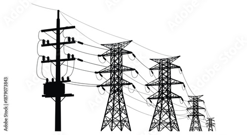 A stark depiction of electrical power infrastructure against a white background showing transmission towers in dramatic silhouette high quality professional detailed