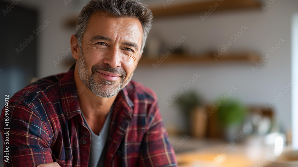 Obraz premium Happy mid adult man in casual clothing smiling at home, positive lifestyle portrait, comfortable domestic setting, relaxed male contentment, home environment wellbeing, with copy space
