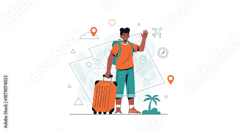Animated man with luggage, vacation preparation, and tourism theme on white background flat design