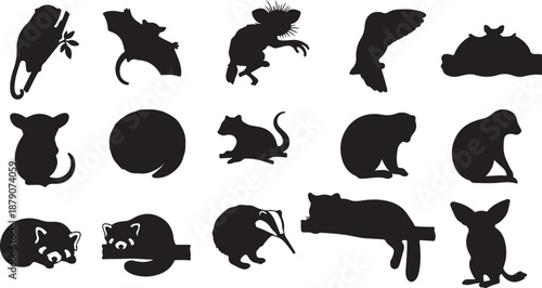 Collection of various black isolated icons on transparent background