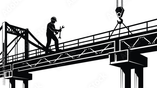 A construction worker meticulously inspects bridge infrastructure while standing on a metal beam presented as a striking silhouette high quality professional