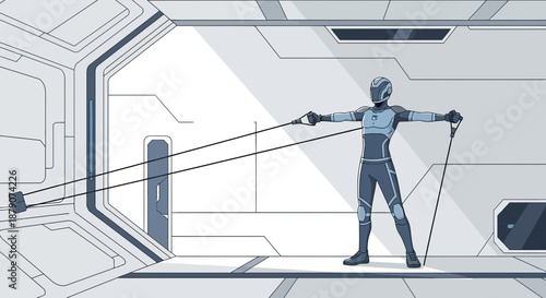 Astronaut exercises with resistance bands in a futuristic spaceship interior fitness training in