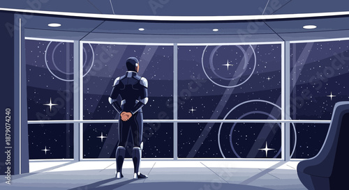 Astronaut contemplates distant galaxies from the panoramic window of a futuristic spaceship