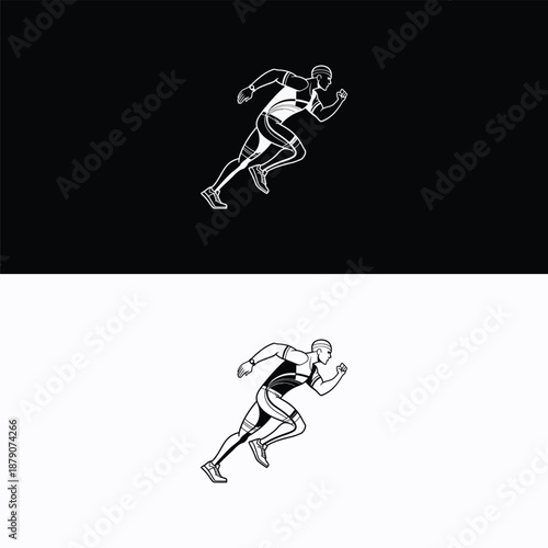 A powerful, stylized silhouette illustration of a man sprinting or running at high speed, depicted on both a stark black and a clean white background.