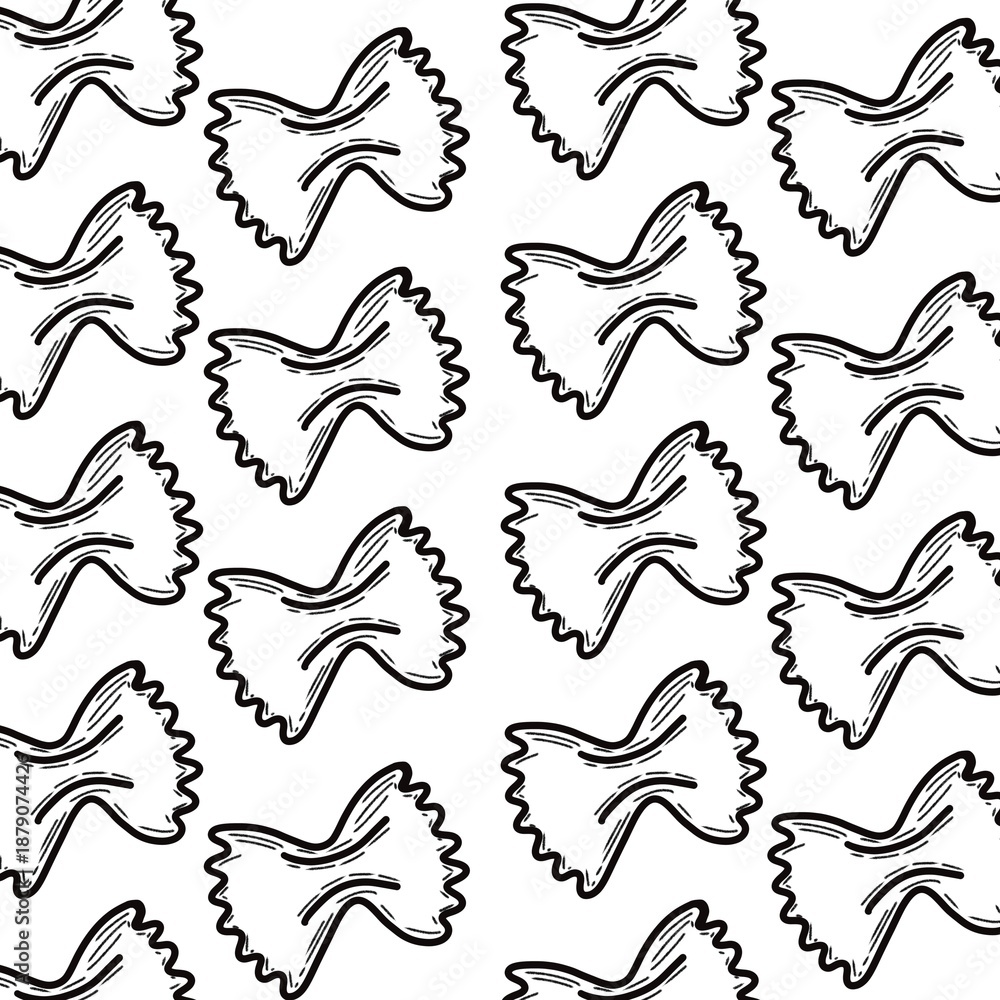 Fototapeta premium Seamless pattern of farfalle pasta in black line art, bow tie-shaped outlines on white background, minimalist digital illustration for culinary design. 
