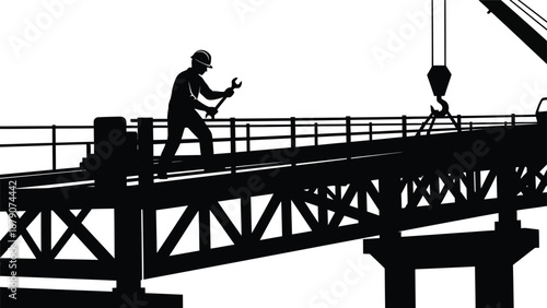 A construction worker operates machinery on a bridge structure exhibiting detailed architectural elements and a striking black silhouette high quality professional
