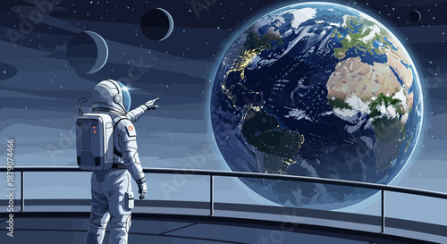Astronaut's gaze at Earth rising, illustration of space exploration and the future of humanity