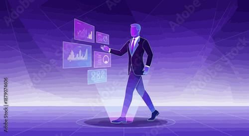 Businessman analyzing virtual data charts in a futuristic digital environment concept