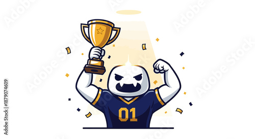 Cartoon character victoriously holding a trophy with confetti and muscular arms outstretched
