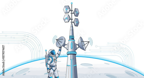 Cartoon astronaut repairing communication antenna on moon for satellite communication and signal