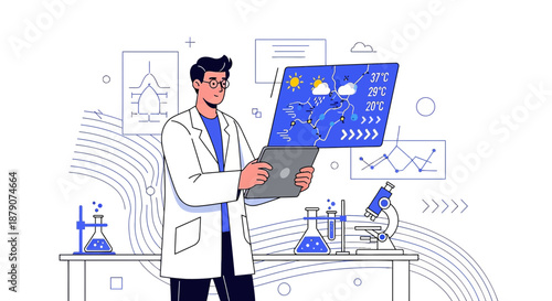 Cartoon character with temperature information and scientist research concept in laboratory