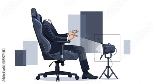 Conceptual illustration of faceless businessman undergoing scrutiny or video interview setup for