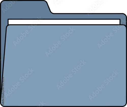 A simple flat of an open blue folder with a white paper insert file document office stationery