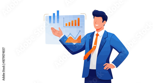 Confident business professional presenting financial data and upward trending graphs with a