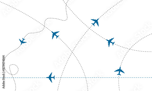 Airplane Flight Paths Vector, Global Travel and Logistics Network Illustration with Dashed Route Lines