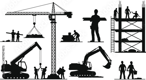 Detailed construction site illustration showcases various machinery workers and building structures in a stark black and white silhouette high quality professional