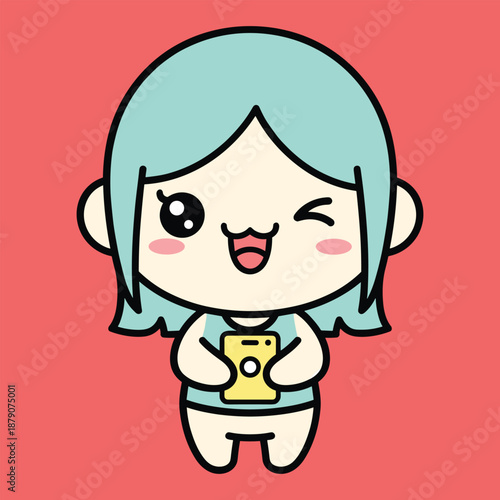 Cute cartoon girl with blue hair holding a smartphone and winking on a red background