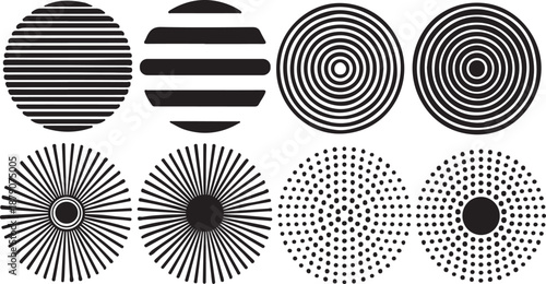 Collection of eight distinct black and white circles with varied geometric line and dot patterns lines