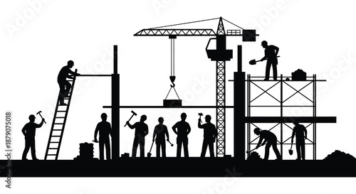 A striking black and white depiction of a construction site with workers actively building a structure presented as a silhouette
