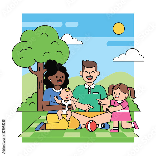 Cheerful illustration of a diverse family enjoying a picnic in a park outdoor nature